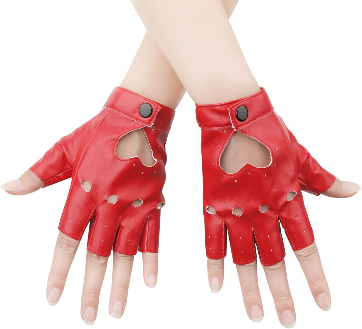 1 Pair Half Finger Leather Gloves - Stylish Red Fingerless Biker Punk for Halloween, Women, Girls, Cosplay, Performance