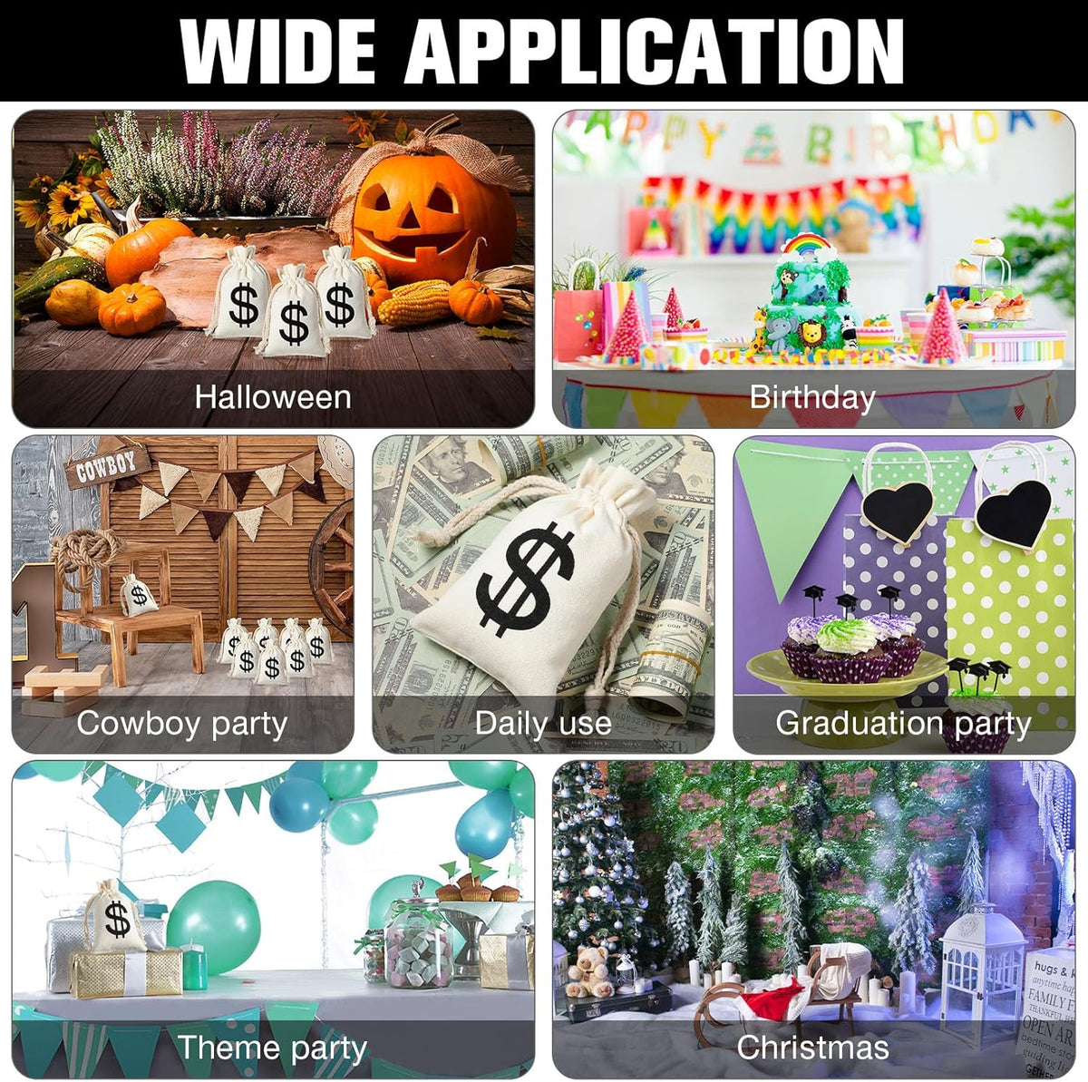 48 Pcs Canvas Money Bags Bulk with Drawstring Dollar Sign Sacks Pouch 4.3 x 7.1 Inch Cash Coin Props for Halloween Bank Robber Pirate Cosplay Party Favors -