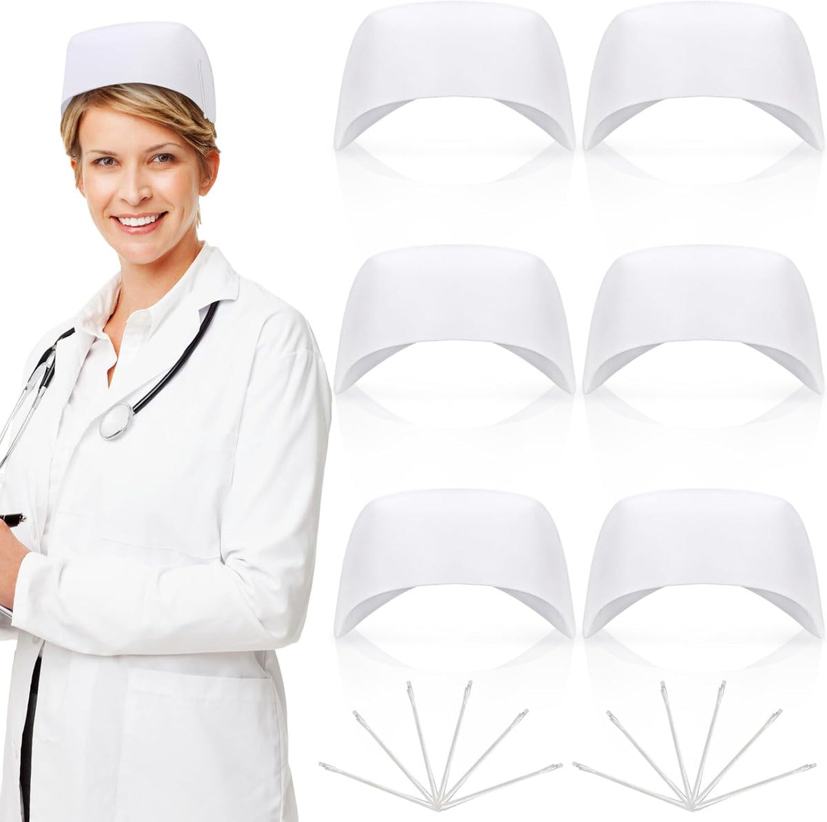 18 Pcs Nurse Hat Set, 6 Sturdy Caps with 12 Pins for Halloween, White Headband Costume Suitable Women, School, Party, Cosplay Supplies