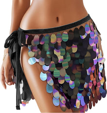 Belly Hip Scarf for Women, Adjustable Big Sequin Mermaid Skirt, Sparkly Fish Scale Mini Black Glitter Disco Ball Wrap, Halloween Costume Outfit New Year Eve Rave Party
