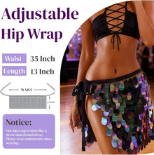 Belly Hip Scarf for Women, Adjustable Big Sequin Mermaid Skirt, Sparkly Fish Scale Mini Black Glitter Disco Ball Wrap, Halloween Costume Outfit New Year Eve Rave Party