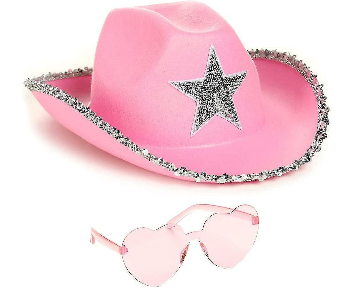 Cowboy Hat Pink Cowgirl Hat With Heart Glasses - Pink Cowboy Hat With Silver Sequin Star - Halloween Decor Cow