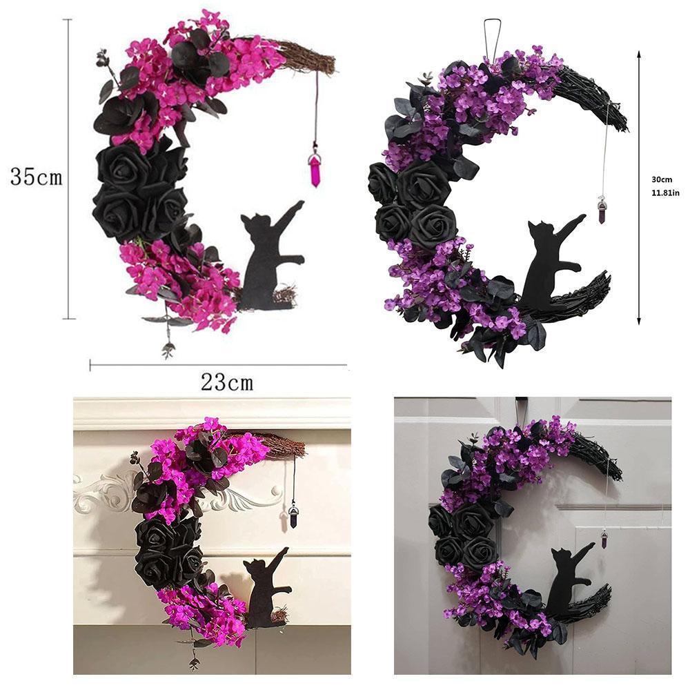 2pcs Halloween Moon Cat Garland with Rose, Black Cat Moon Wreath, Halloween Outdoor Decorations Variant Colour Value Multi