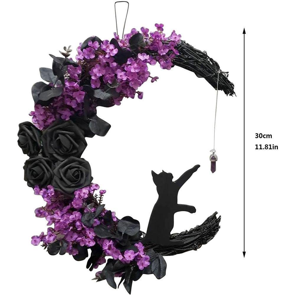 2pcs Halloween Moon Cat Garland with Rose, Black Cat Moon Wreath, Halloween Outdoor Decorations Variant Colour Value Multi