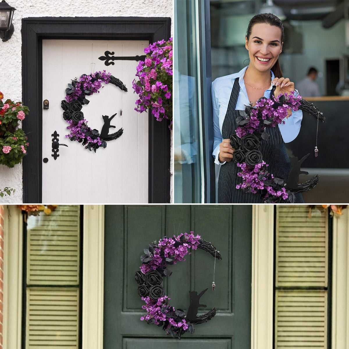 2pcs Halloween Moon Cat Garland with Rose, Black Cat Moon Wreath, Halloween Outdoor Decorations Variant Colour Value Multi