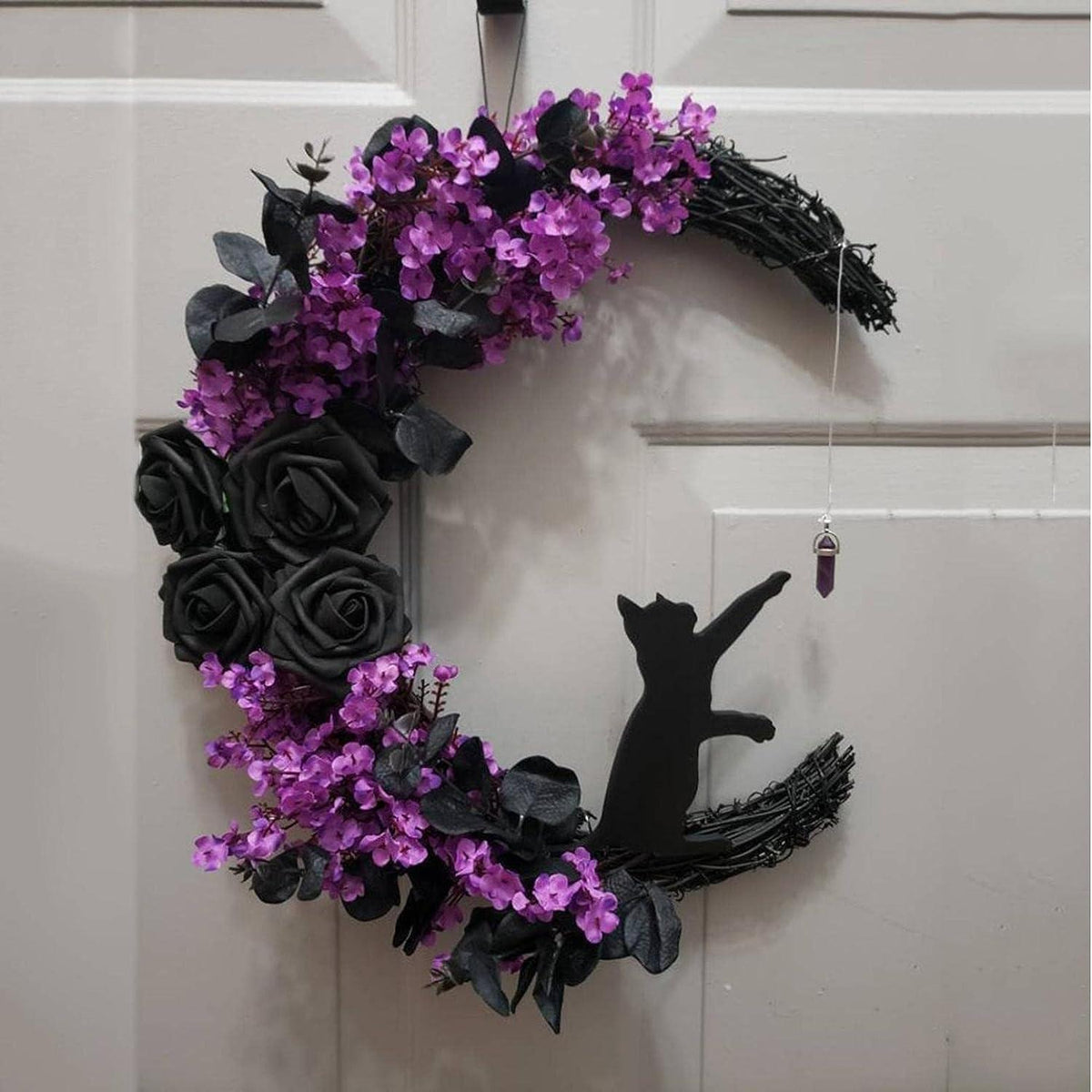 2pcs Halloween Moon Cat Garland with Rose, Black Cat Moon Wreath, Halloween Outdoor Decorations Variant Colour Value Multi