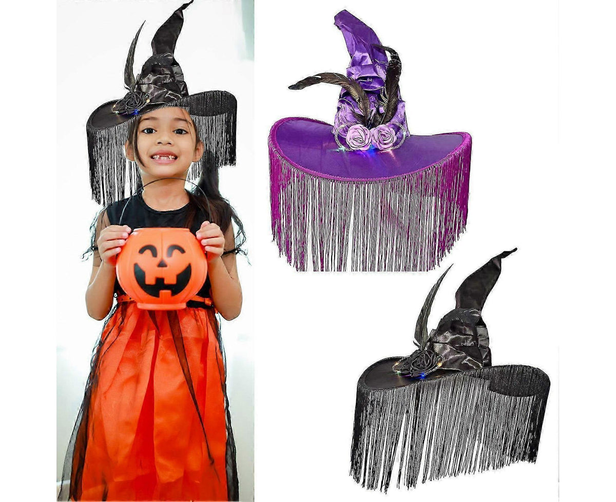 Halloween Witch Hat Wide Brim Tassel Wizard Hat With Artificial Rose Women Halloween Costume Accessory-Purple