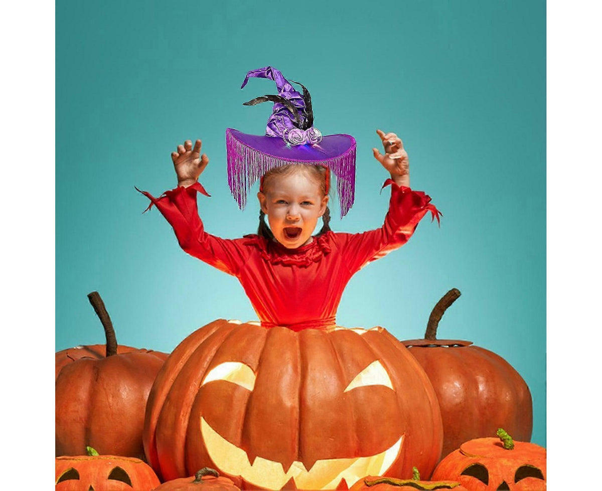 Halloween Witch Hat Wide Brim Tassel Wizard Hat With Artificial Rose Women Halloween Costume Accessory-Purple