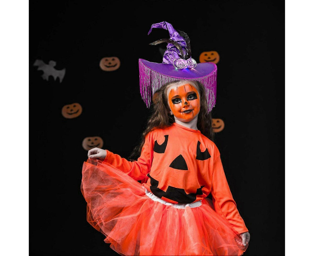 Halloween Witch Hat Wide Brim Tassel Wizard Hat With Artificial Rose Women Halloween Costume Accessory-Purple