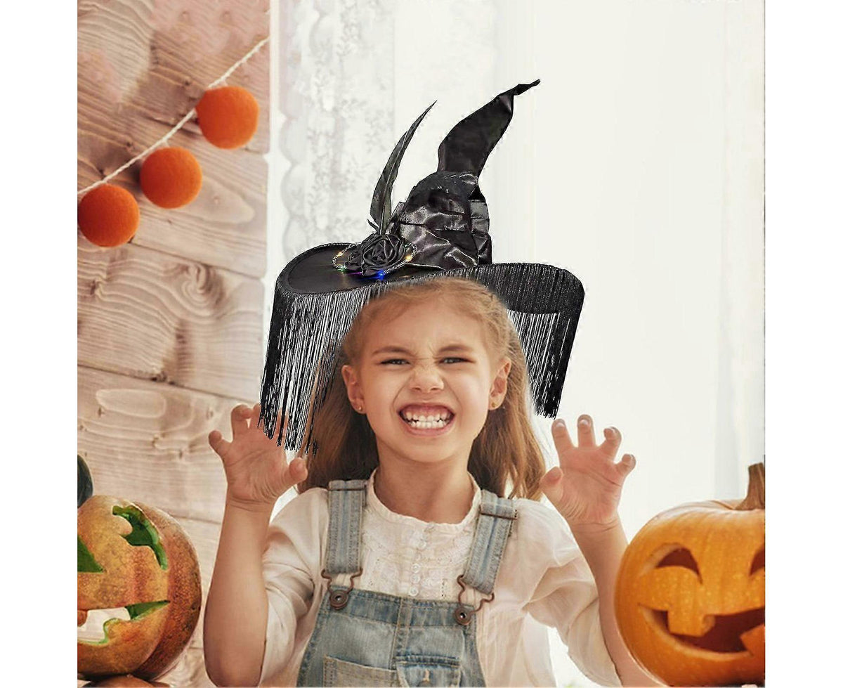 Halloween Witch Hat Wide Brim Tassel Wizard Hat With Artificial Rose Women Halloween Costume Accessory-Purple