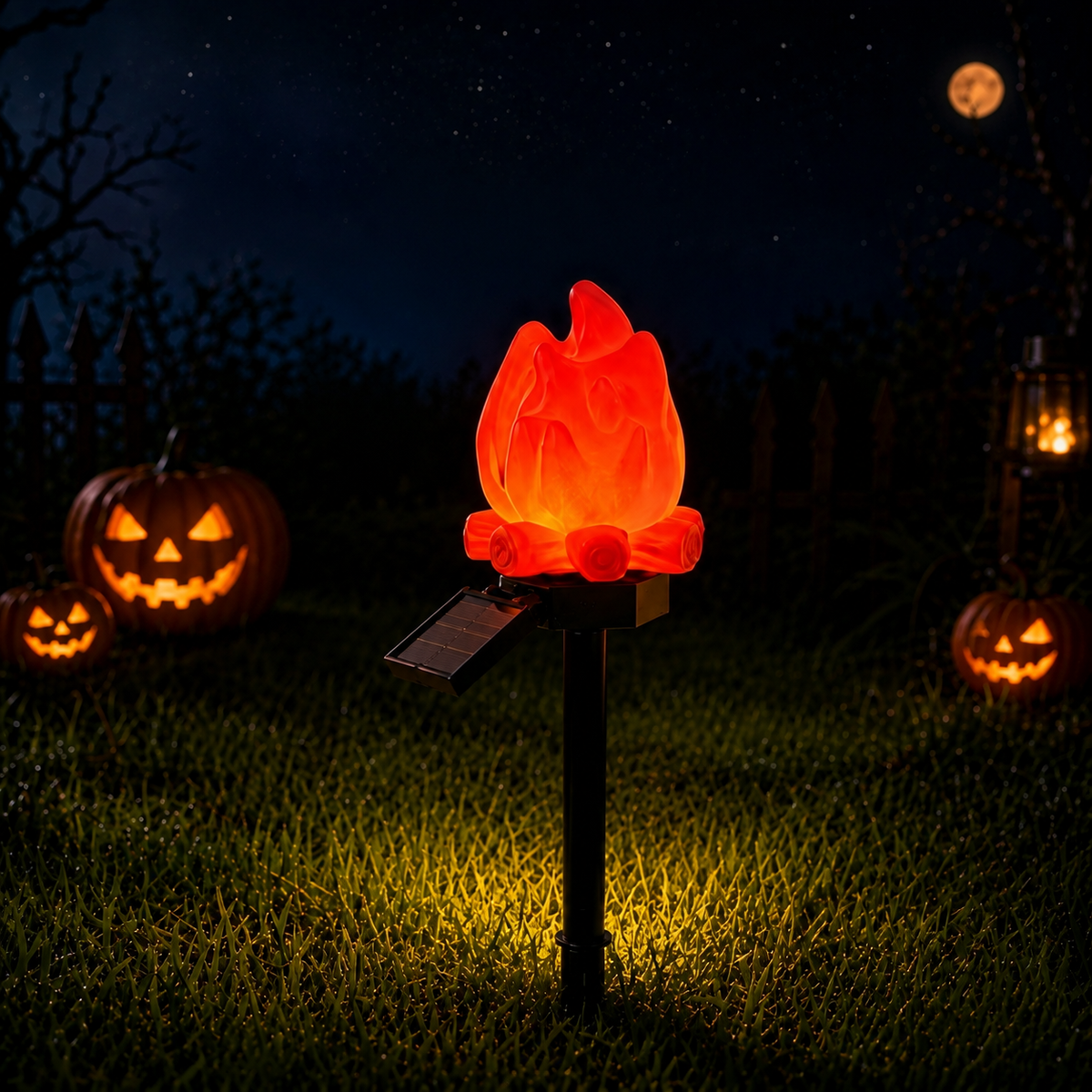 Halloween Solar Pathway Lights Set, 3 Spooky Designs Including Pumpkin with Witch Hat, Cute Ghost, and Faux Campfire, Warm Glow, Auto On/Off, Waterproof Solar Stake Lights for Outdoor Garden Yard Path Decor (Flame, 2PCS)