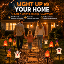 Halloween Solar Pathway Lights Set, 3 Spooky Designs Including Pumpkin with Witch Hat, Cute Ghost, and Faux Campfire, Warm Glow, Auto On/Off, Waterproof Solar Stake Lights for Outdoor Garden Yard Path Decor (Flame, 2PCS)