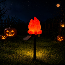 Halloween Solar Pathway Lights Set, 3 Spooky Designs Including Pumpkin with Witch Hat, Cute Ghost, and Faux Campfire, Warm Glow, Auto On/Off, Waterproof Solar Stake Lights for Outdoor Garden Yard Path Decor (Flame, 3PCS)