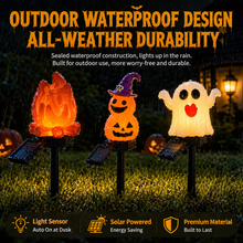 Halloween Solar Pathway Lights Set, 3 Spooky Designs Including Pumpkin with Witch Hat, Cute Ghost, and Faux Campfire, Warm Glow, Auto On/Off, Waterproof Solar Stake Lights for Outdoor Garden Yard Path Decor (Flame, 3PCS)