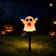 Halloween Solar Pathway Lights Set, 3 Spooky Designs Including Pumpkin with Witch Hat, Cute Ghost, and Faux Campfire, Warm Glow, Auto On/Off, Waterproof Solar Stake Lights for Outdoor Garden Yard Path Decor (Ghost, 1PCS)