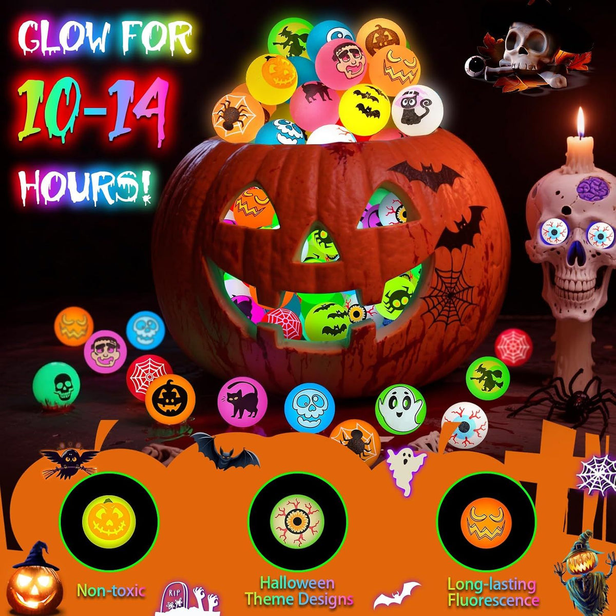 100 PCS Halloween Party Favors, Halloween Glow in The Dark Bouncy Balls | Trick or Treat Goodie Bag Fillers, Halloween Glowing Bouncy Balls Toys for Halloween Party Supplies, Party Favors