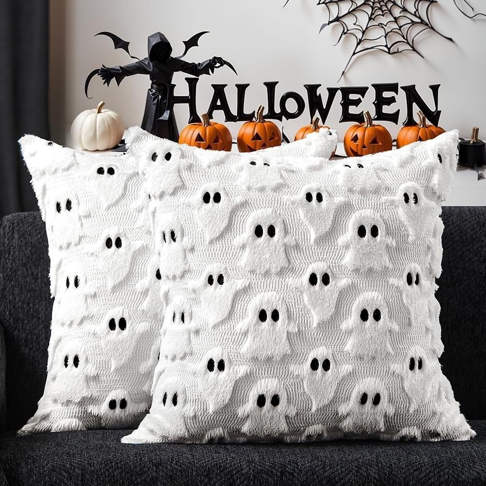 2PCS 45x45cm White Halloween Ghost Cushion Cover 3D Plush Embroidered Throw Pillow Case Festive Sofa Home Decor Set of , PILLOW COVERS ONLY