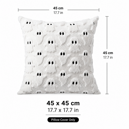2PCS 45x45cm White Halloween Ghost Cushion Cover 3D Plush Embroidered Throw Pillow Case Festive Sofa Home Decor Set of , PILLOW COVERS ONLY