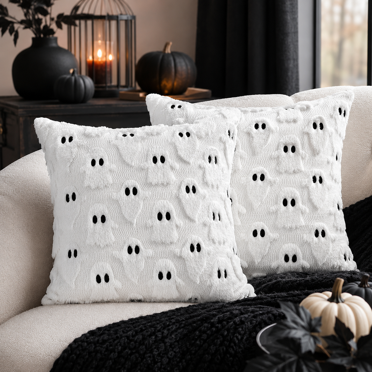 2PCS 45x45cm White Halloween Ghost Cushion Cover 3D Plush Embroidered Throw Pillow Case Festive Sofa Home Decor Set of , PILLOW COVERS ONLY
