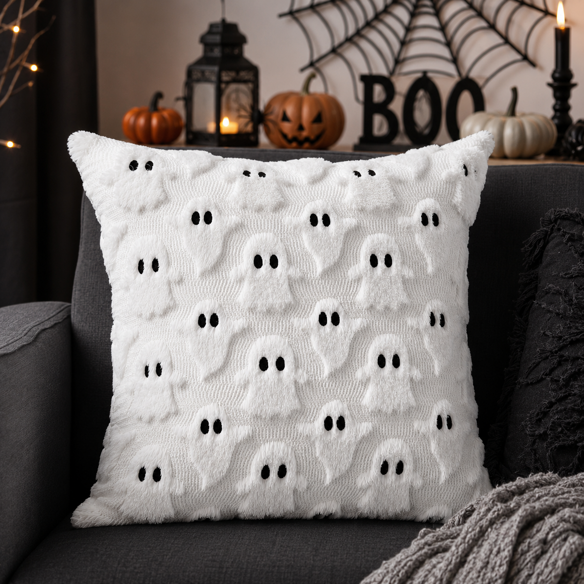 2PCS 45x45cm White Halloween Ghost Cushion Cover 3D Plush Embroidered Throw Pillow Case Festive Sofa Home Decor Set of , PILLOW COVERS ONLY