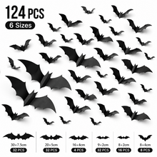 124 PCS Halloween Bat Wall Stickers 3D Black Bat Decorations, PVC Removable Wall Decals for Indoor Outdoor Halloween Party Home Door Window Decor