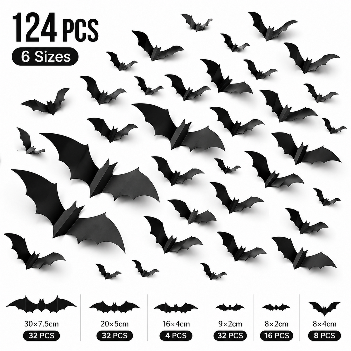 124 PCS Halloween Bat Wall Stickers 3D Black Bat Decorations, PVC Removable Wall Decals for Indoor Outdoor Halloween Party Home Door Window Decor