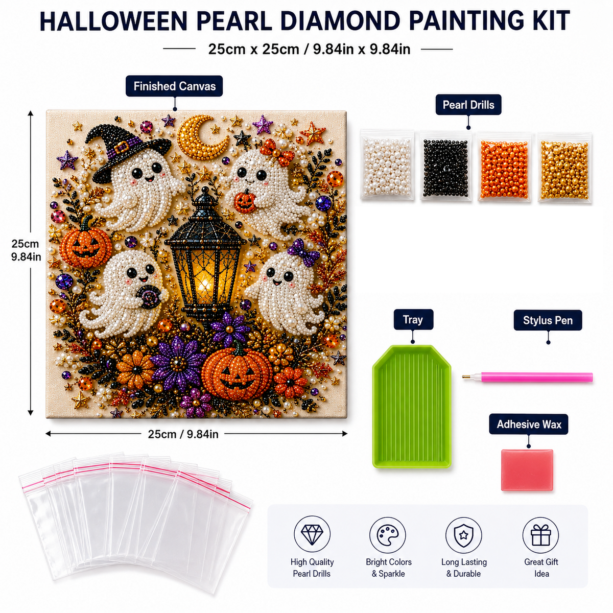 25 x 25cm Halloween Pearl Diamond Painting Kit Ghost Pumpkin DIY Stretched Canvas Wall Art Decoration