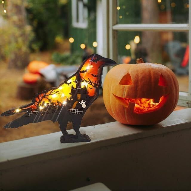 Halloween Wooden Pumpkin Crow Decoration with Light - Creative Decor for Spooky Halloween Party - Indoor Home (Halloween crow)