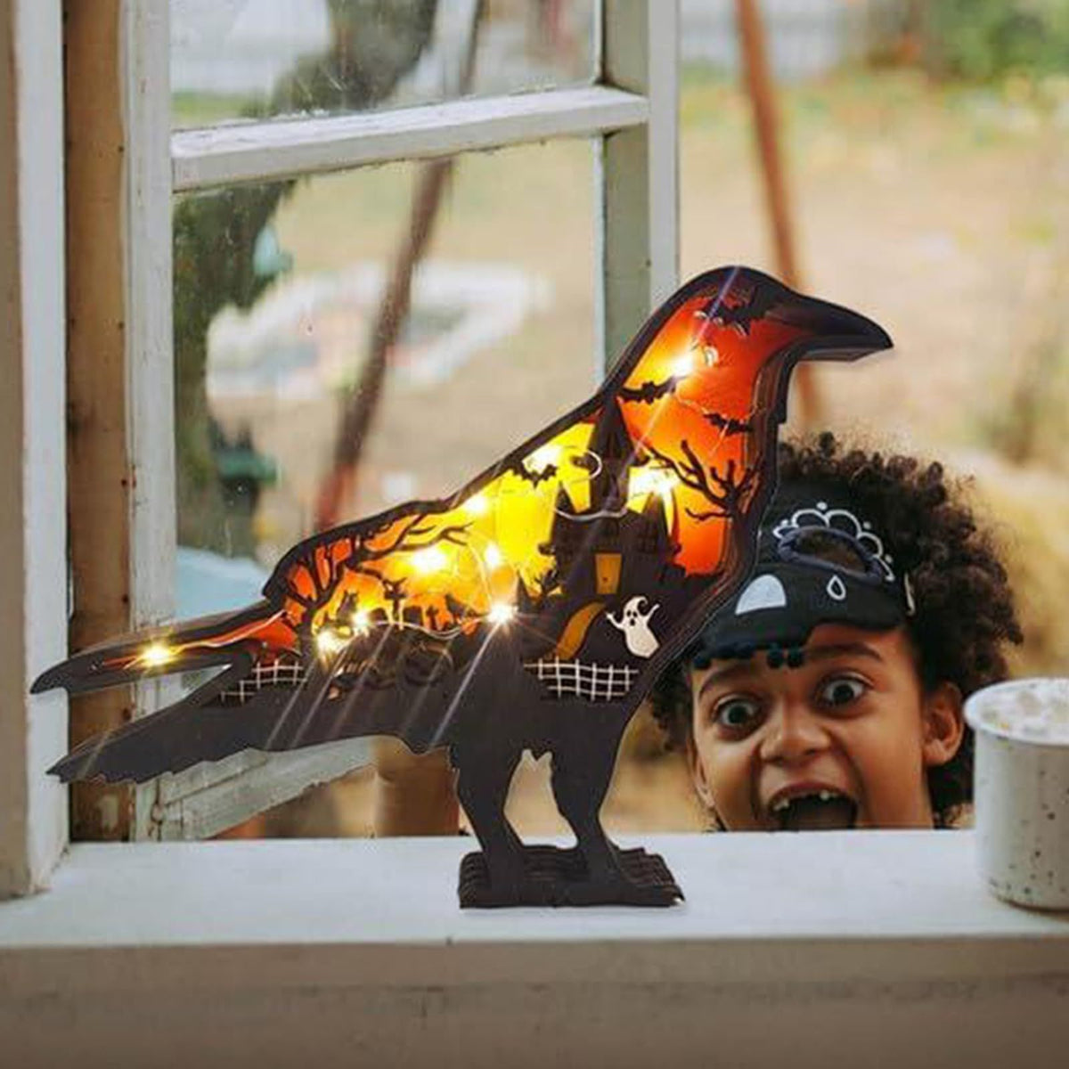 Halloween Wooden Pumpkin Crow Decoration with Light - Creative Decor for Spooky Halloween Party - Indoor Home (Halloween crow)
