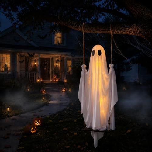 Swinging Ghost Halloween Porch Decoration, Spooky Hanging Decor for Outdoor Holiday Displays (white)