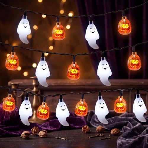 Halloween String Lights for Indoor & Outdoor, Ghost & Pumpkin Decor for Party, Haunted House (White, Orange)