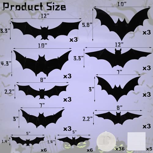 48-Pack Halloween Bat Wall Decor, Spooky Indoor & Outdoor Party Decoration for Haunted Houses (black)