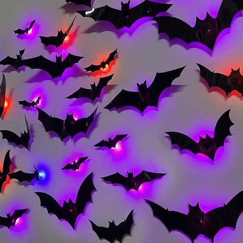 36-Pack Halloween Bat Decorations with LED Lights for Indoor Outdoor Halloween Party Garage Decor (black)