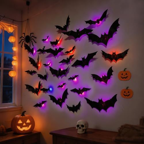36-Pack Halloween Bat Decorations with LED Lights for Indoor Outdoor Halloween Party Garage Decor (black)