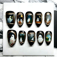 30pcsReusable Halloween Press-On Nails with Ghost Portrait Design for Spooky Themed Occasions (black)