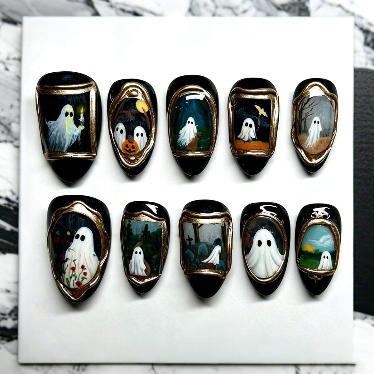 30pcsReusable Halloween Press-On Nails with Ghost Portrait Design for Spooky Themed Occasions (black)