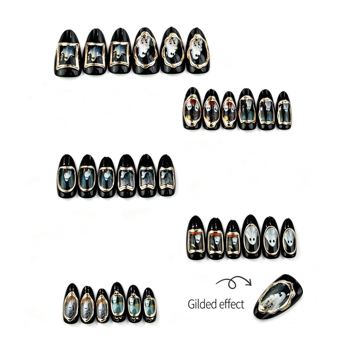 30pcsReusable Halloween Press-On Nails with Ghost Portrait Design for Spooky Themed Occasions (black)