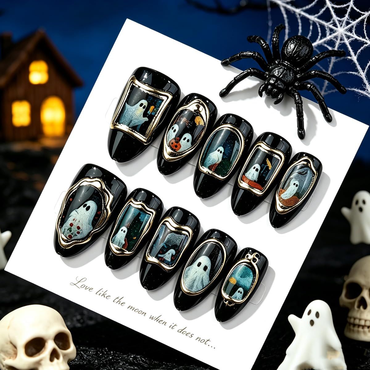 30pcsReusable Halloween Press-On Nails with Ghost Portrait Design for Spooky Themed Occasions (black)
