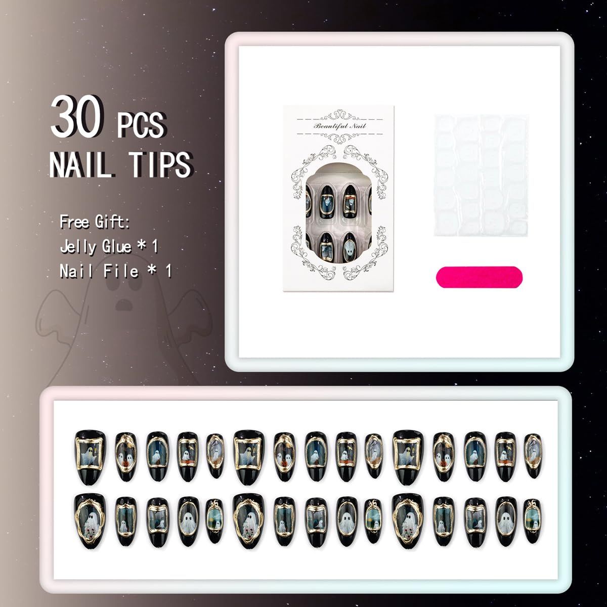 30pcsReusable Halloween Press-On Nails with Ghost Portrait Design for Spooky Themed Occasions (black)