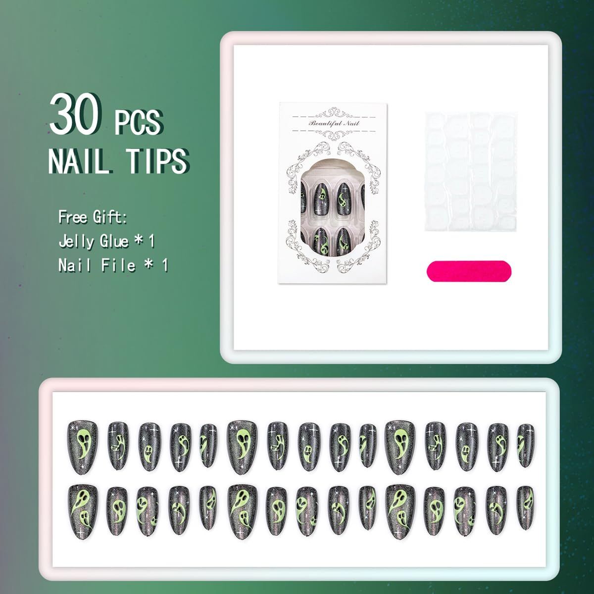24-Pack Halloween Press-On Nails for Spooky Themed Party Looks (black)