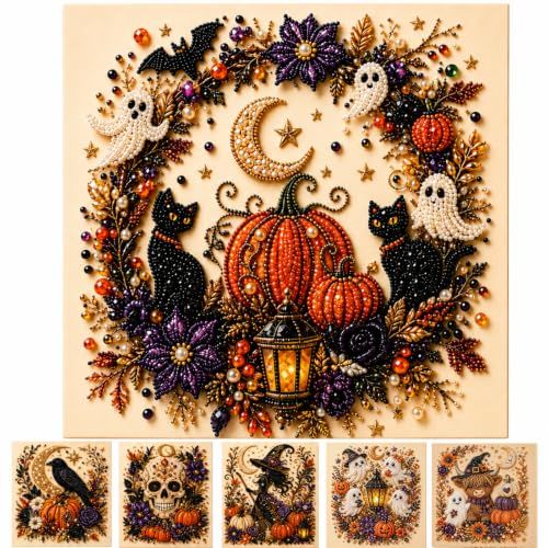 Spooky-Cute Halloween Diamond Art Craft Kit, DIY for Home Decor & Gifting (Orange, Black, Purple)
