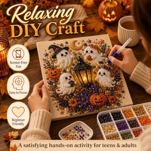 Spooky-Cute Halloween Diamond Art Craft Kit, DIY for Home Decor & Gifting (Orange, Black, Purple)