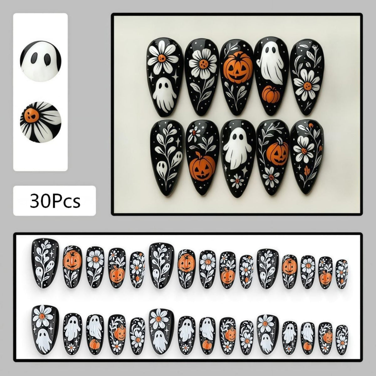 30Pcs Press-On Nails for Halloween, Salon-Grade DIY Fake Nails for Women’s Holiday Nail Art (Black)
