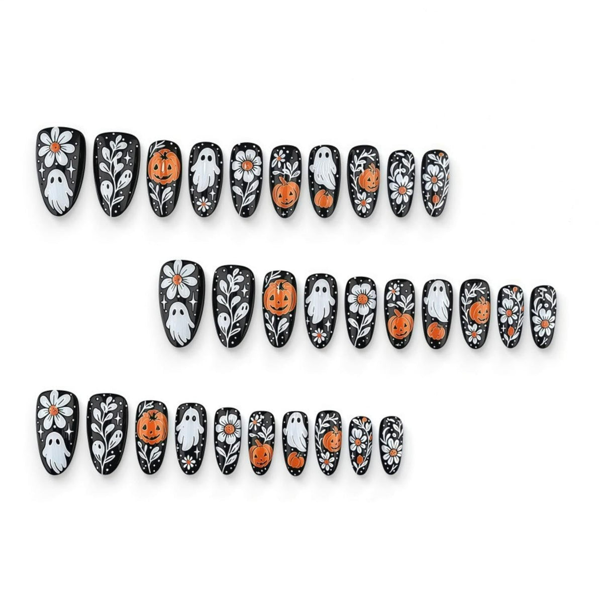 30Pcs Press-On Nails for Halloween, Salon-Grade DIY Fake Nails for Women’s Holiday Nail Art (Black)