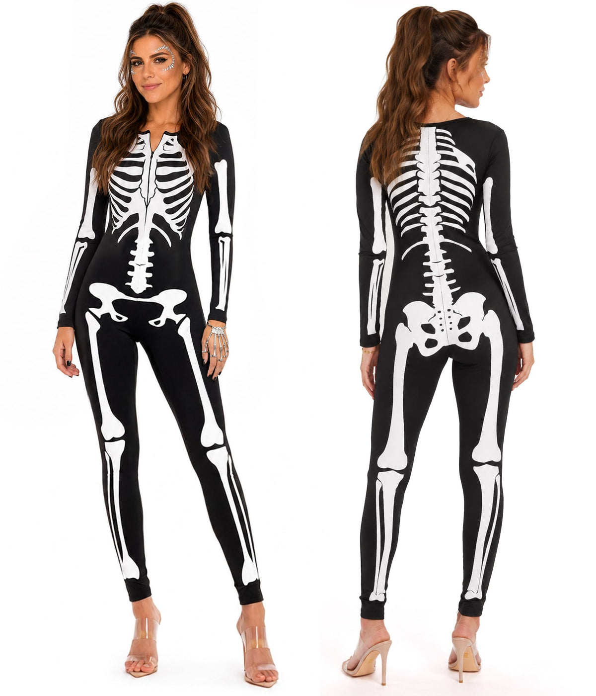Women's Skeleton Print Jumpsuit for Halloween Cosplay, Themed Parties & Costume Events, L (Iridescent Black)