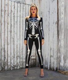Skeleton Print Catsuit for Halloween Costume, Festive Party & Themed Event Wear, L (white)