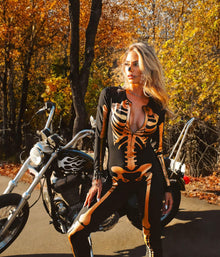 Skeleton Printed Bodysuit for Halloween Costume Parties & Themed Events, M (Apricot)