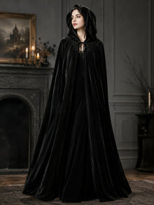 Black Velvet Cape Hooded Cape Cosplay Cape Halloween Costume Cape Party Cape - Black - Size XS