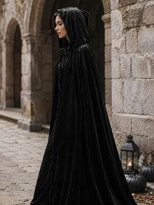 Black Velvet Cape Hooded Cape Cosplay Cape Halloween Costume Cape Party Cape - Black - Size XS