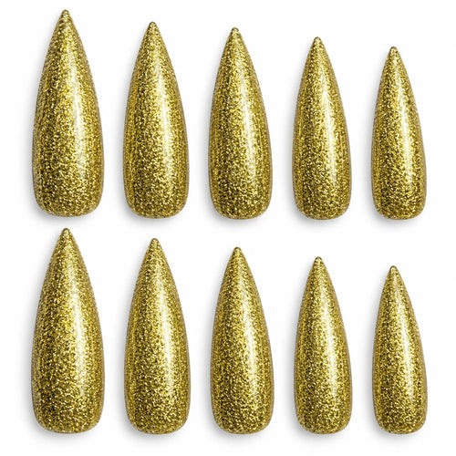 10x Long Halloween Glitter Painted Stick-On Nails Party Costume Vampire Witch - Gold